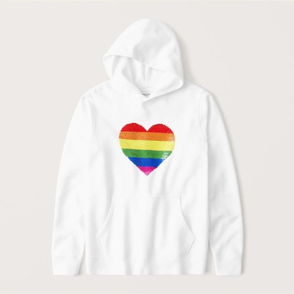 NWT A&F White Pride Flip Sequin Heart Hoodie Sweatshirt, XXS - Picture 1 of 7
